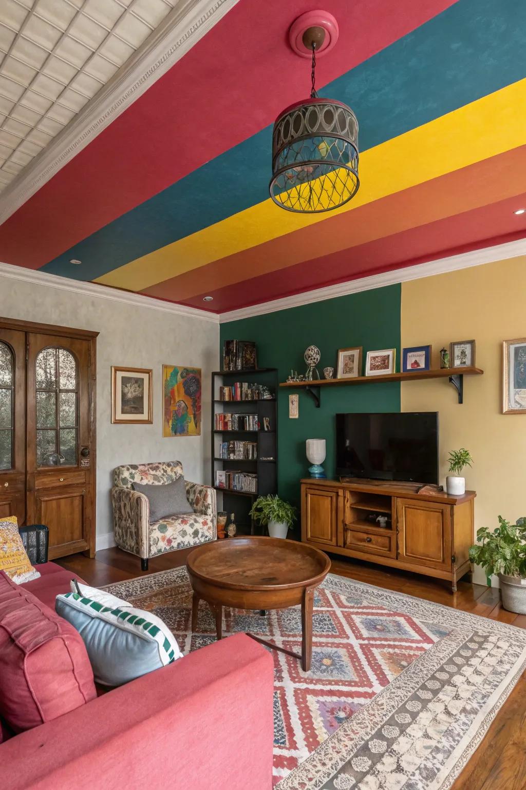 Striking hues on the ceiling establish a remarkable and energetic ambiance.