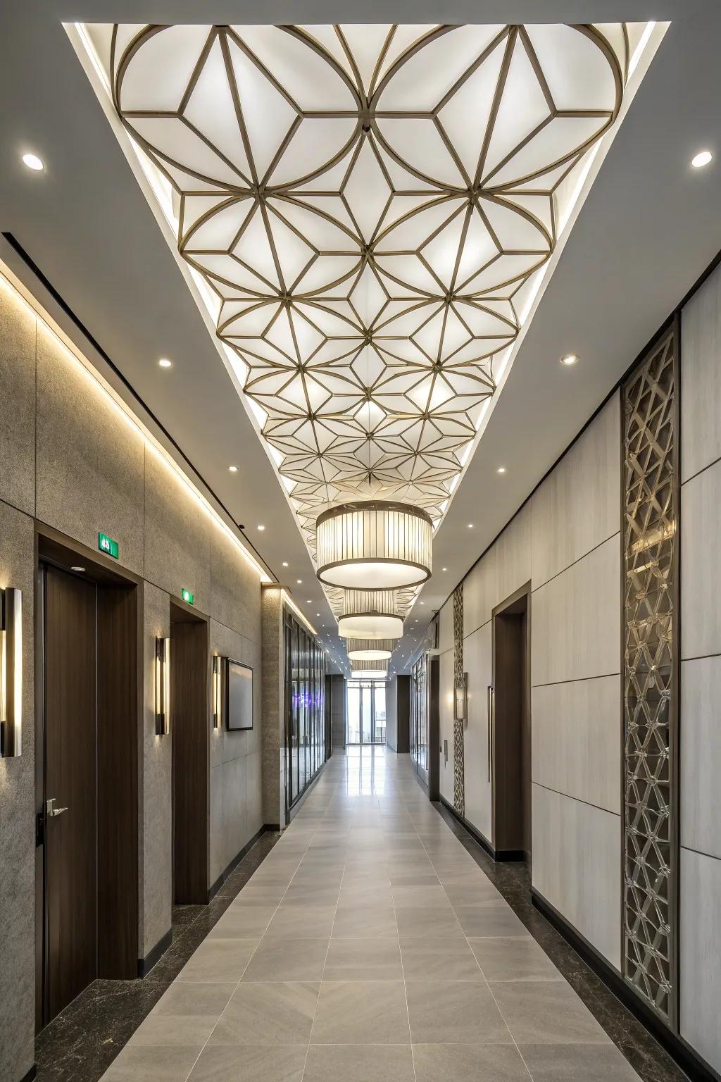 Geometric ceiling panels add modern flair.