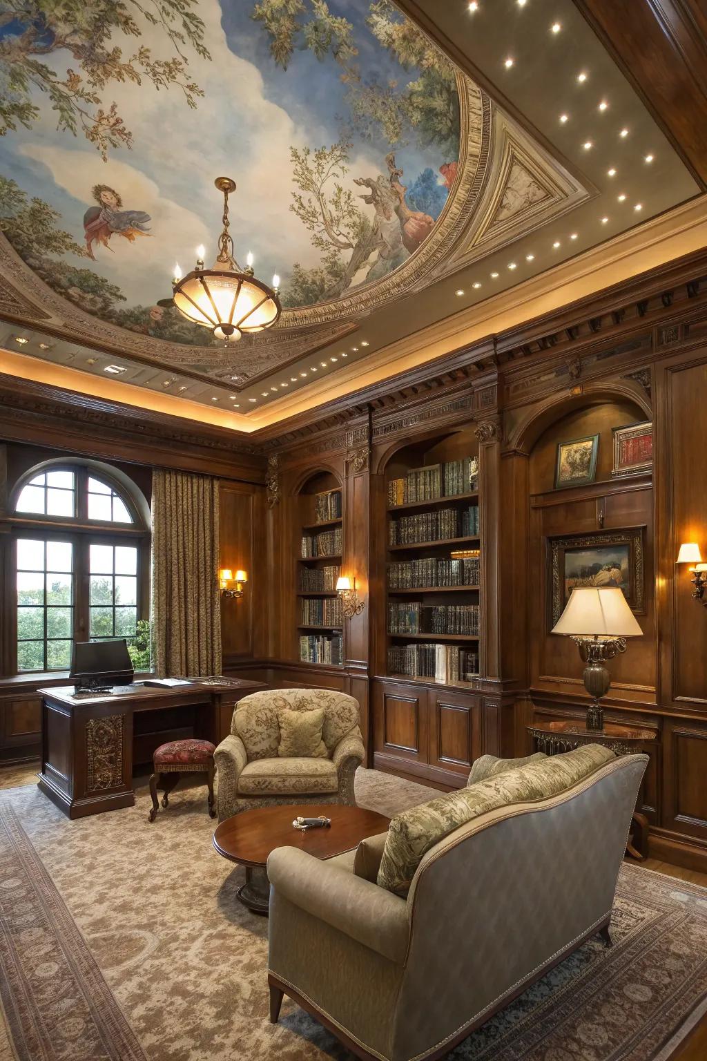 Custom murals turn ceilings into stunning artworks.
