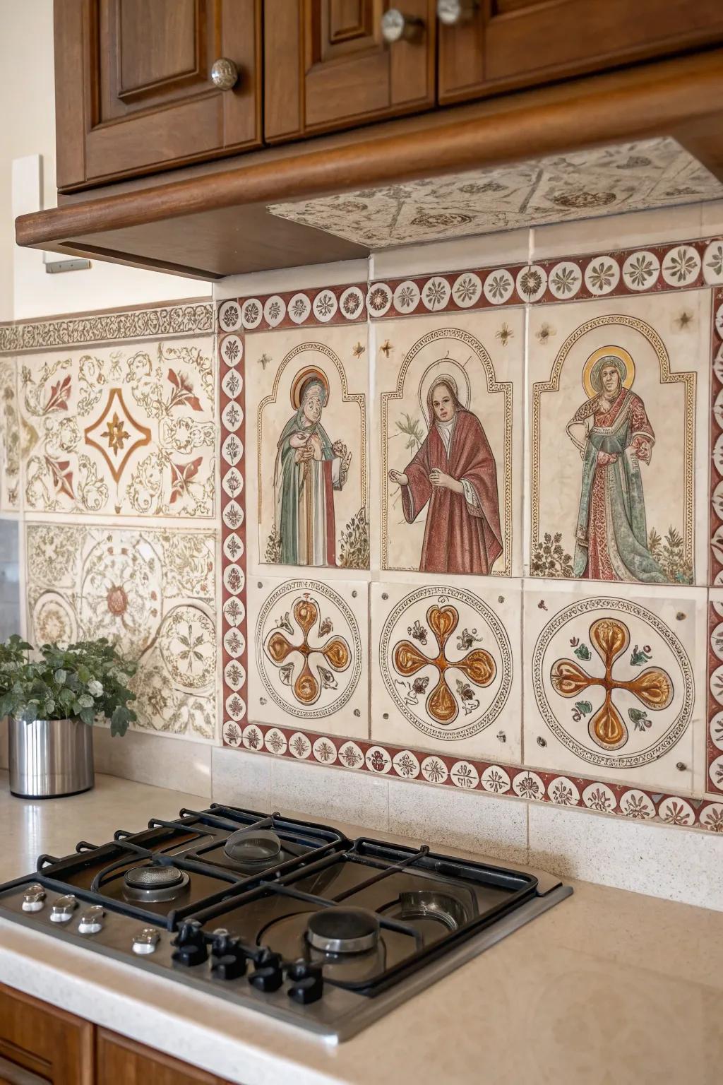 Ceramic tiles imbued with faith-based artistic elements bring spiritual tones to your interior.