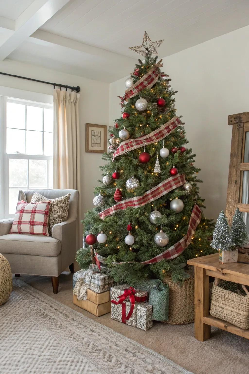 A farmhouse chic holiday bauble tree with homespun and stylish elements.
