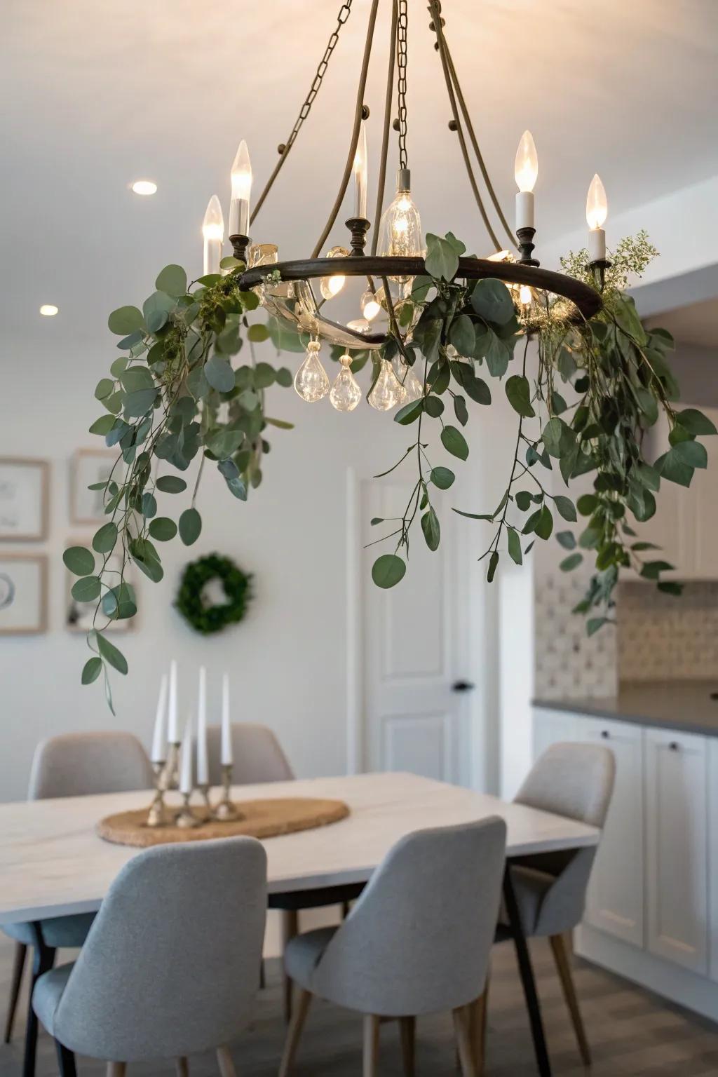 Plant leaves: presenting a chic and subdued styling option for chandeliers.
