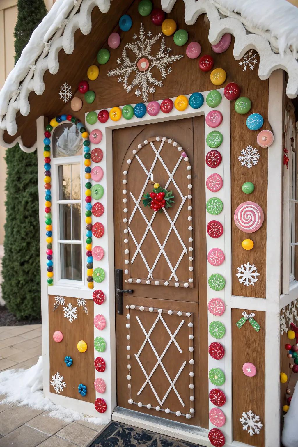 A gingerbread dwelling theme instills this Christmas doorway with sweetness.