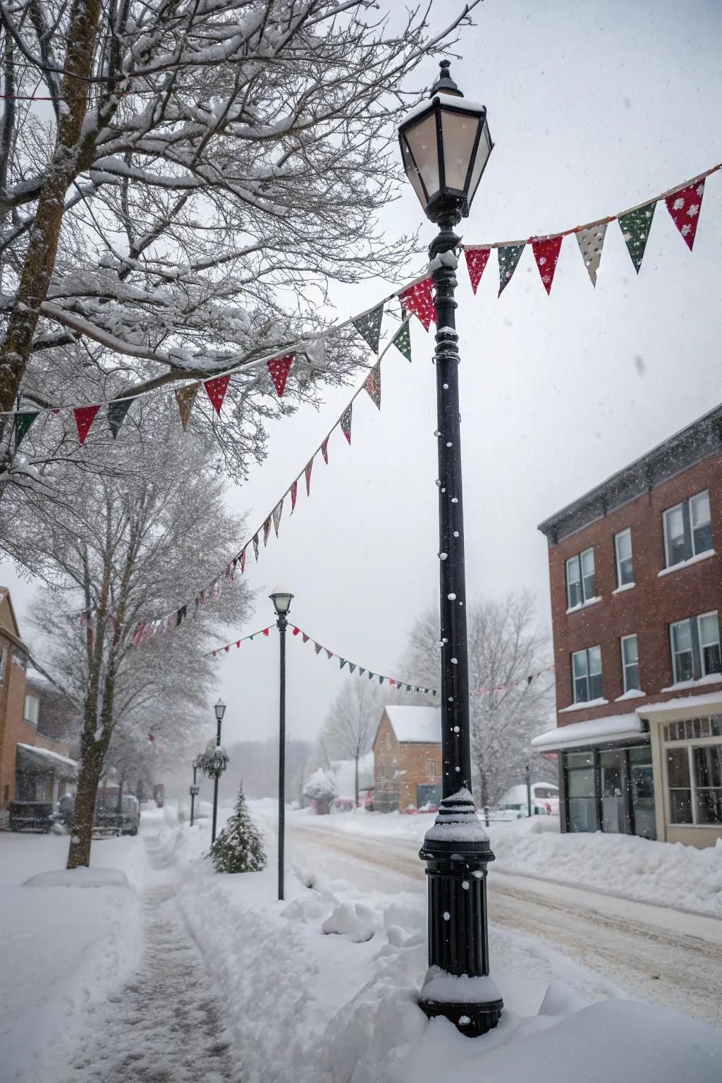 Seasonal banners establish a cheerful panorama on a lamp post.