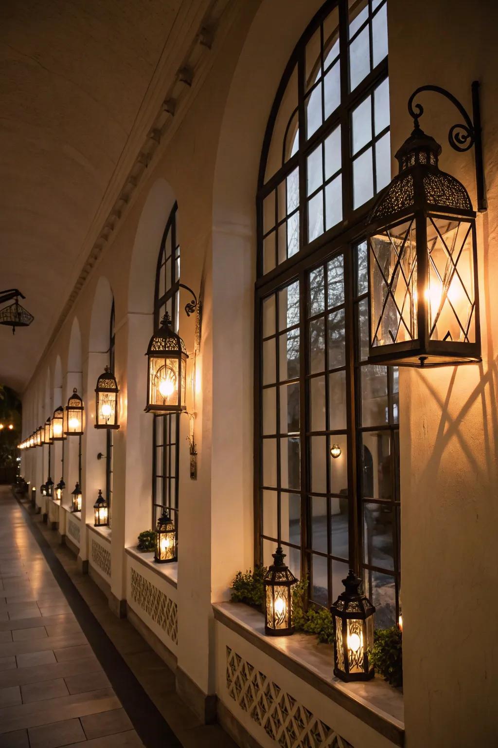 Lanterns filled with lights line the windows for a cozy display.