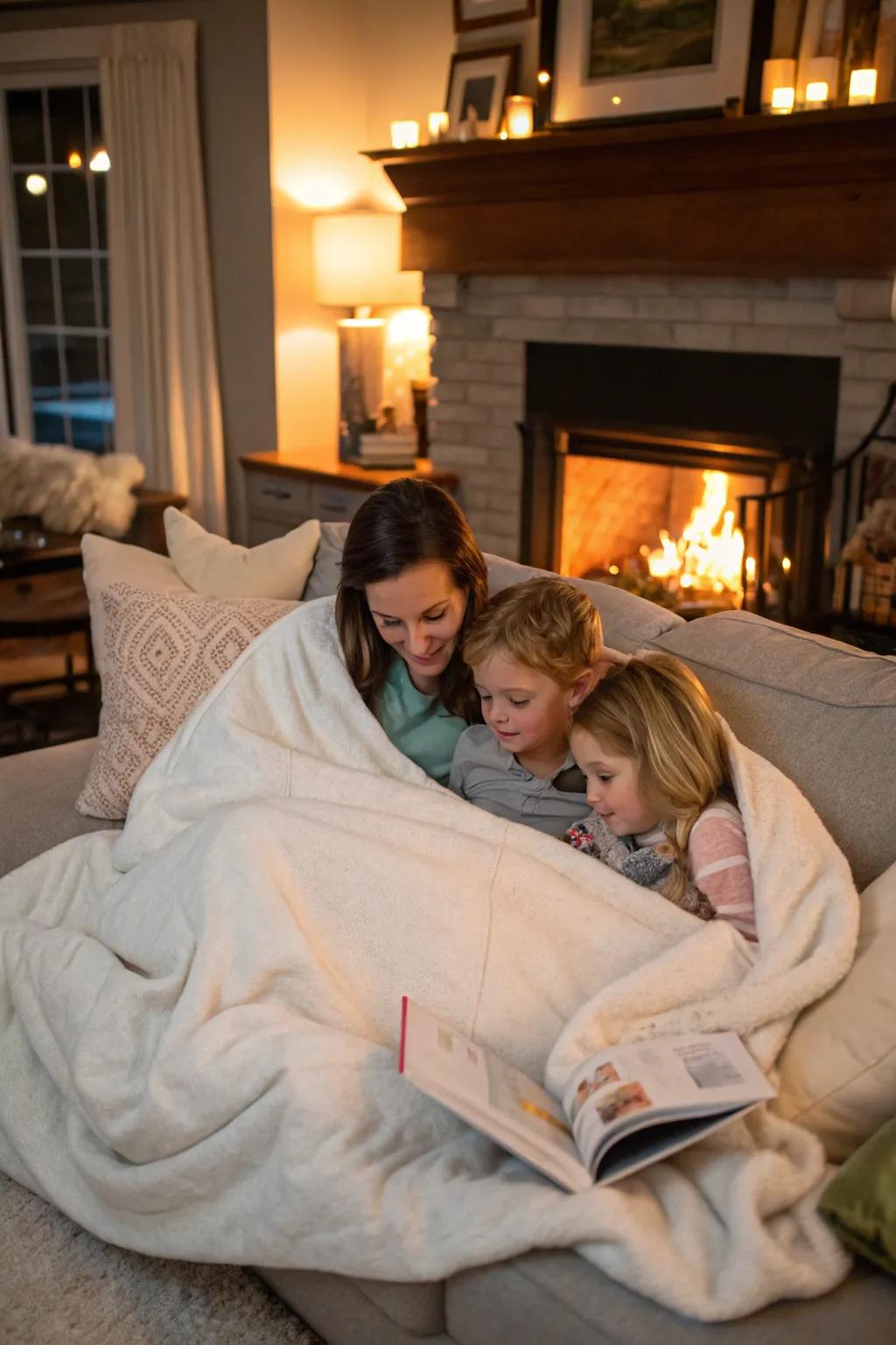 Family snuggled together under a cozy fabric.