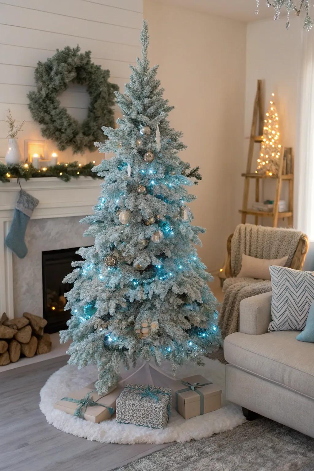A serene Christmas tree showcasing glaciated branches and icy azure illuminations, cultivating a bewitching winter wonderland indoors.