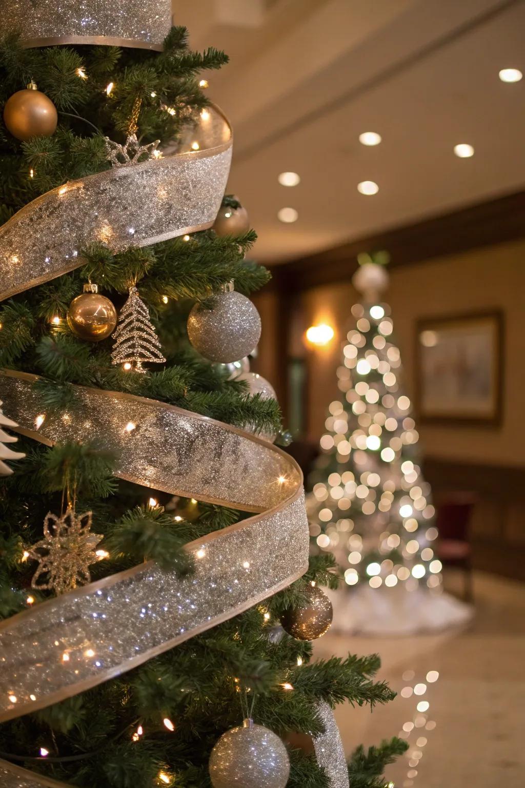 A Christmas tree featuring sparkling ribbons, beaming brightly with a glamorous accent.