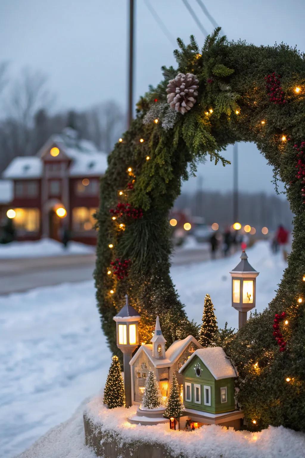 A wreath village establishes a striking and space-efficient wall decoration.