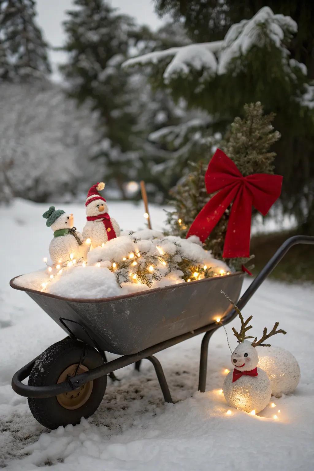 A snow-topped wheelbarrow captures the magic of winter.