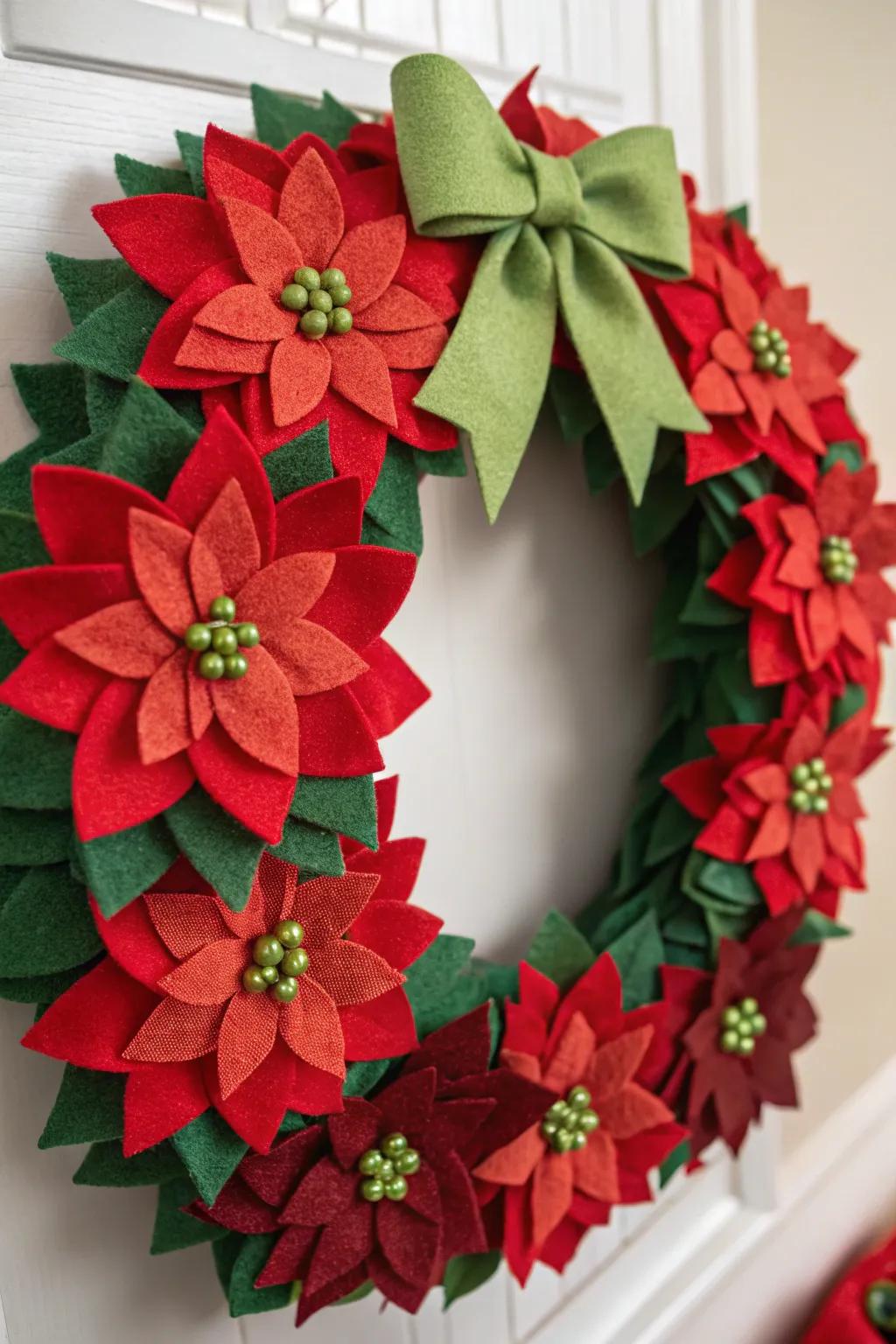 A bright and festive felt poinsettia wreath perfect for the festive season.