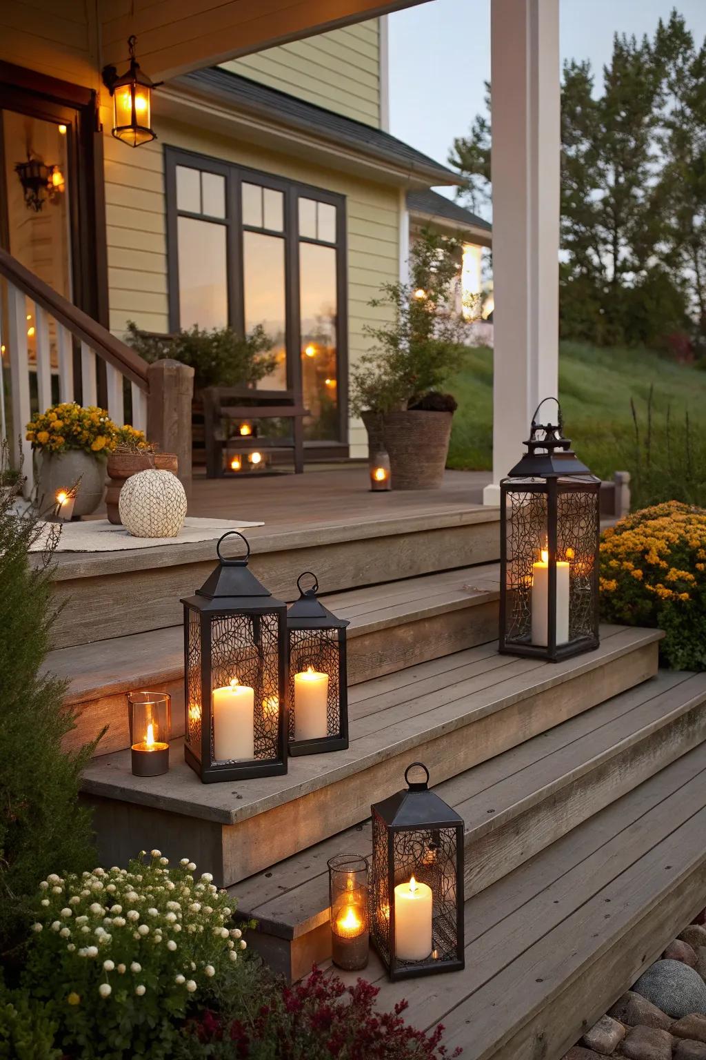 Veranda steps adorned with globes and flame-free tapers.