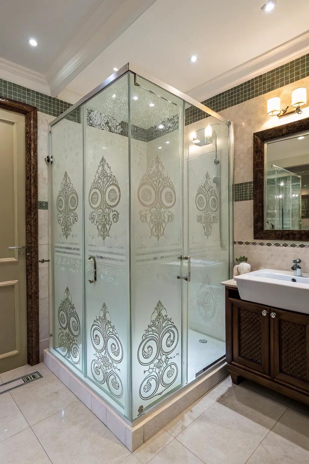 A affirmation shower cubicle with intricate glass blueprint.