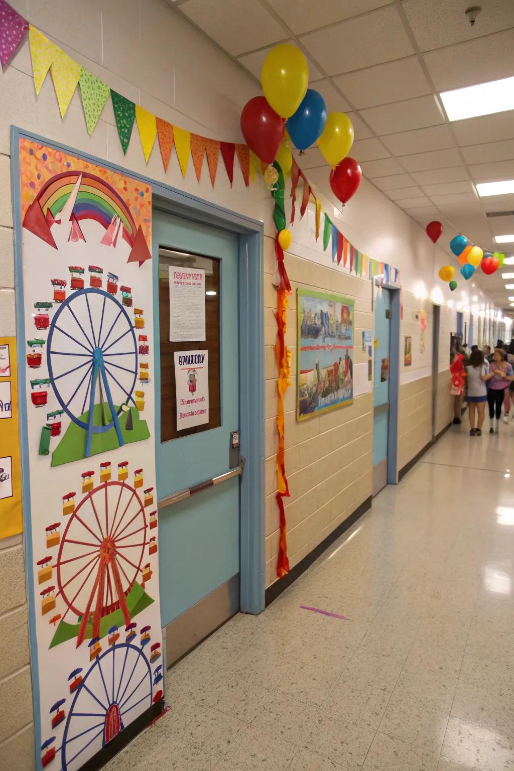 An amusement-themed learning space doorway showcasing elevated carousels and colors.