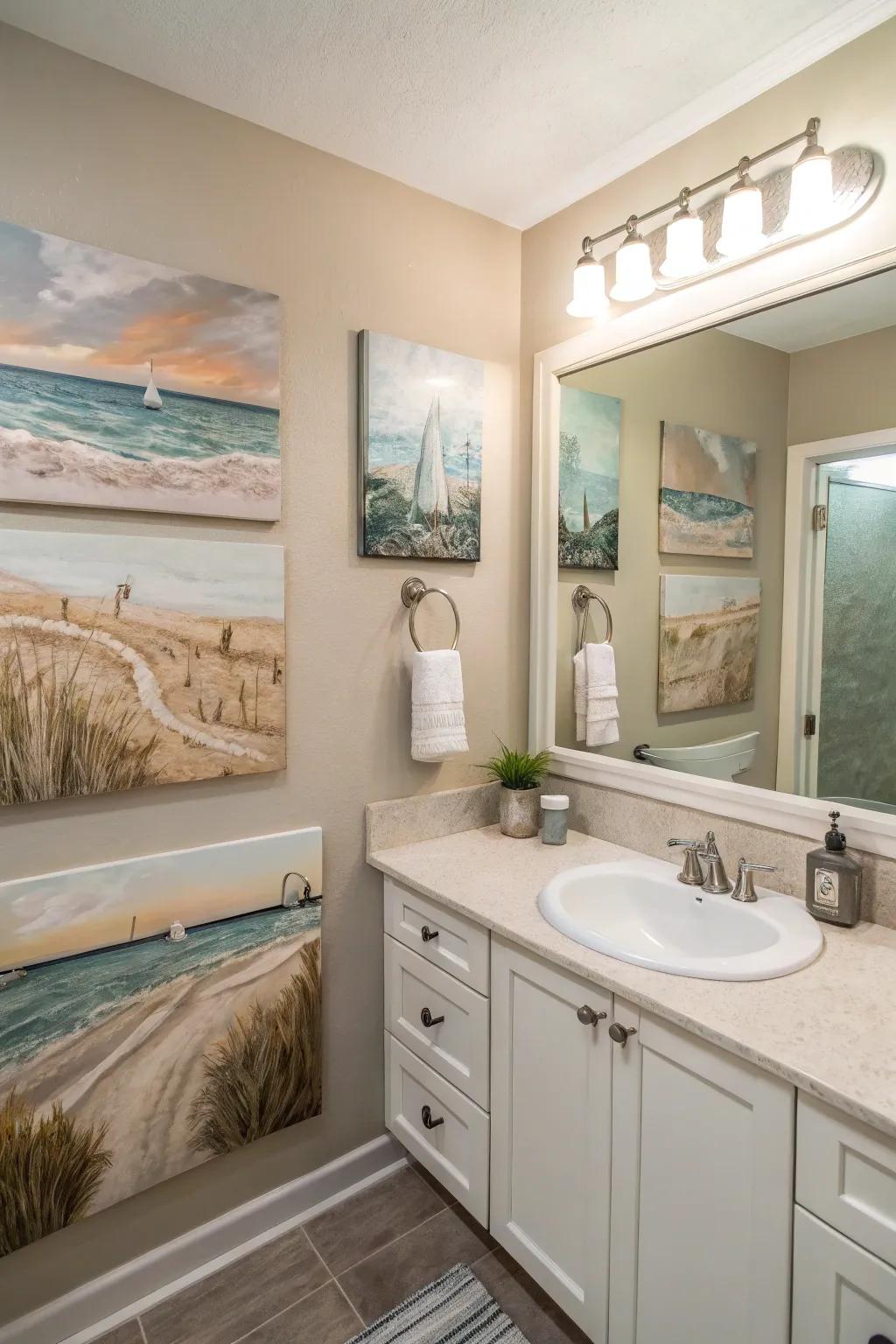 A bathroom with shoreline-themed art that evokes the tranquility of the sea.