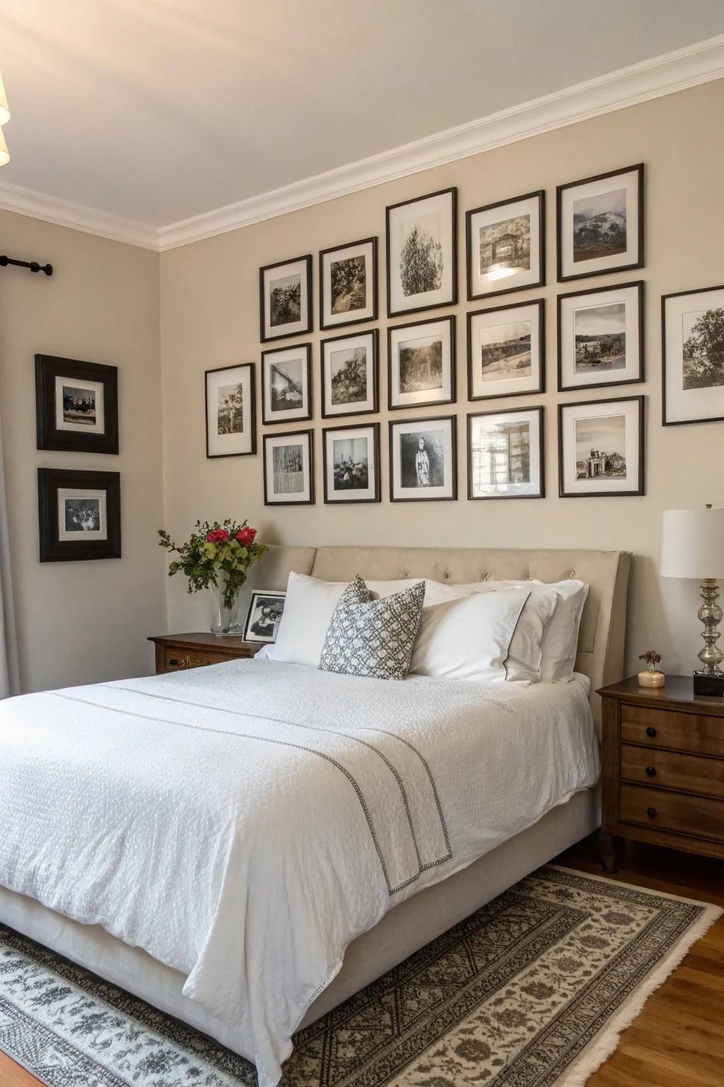 A gallery wall of black and white photography adds personal charm.
