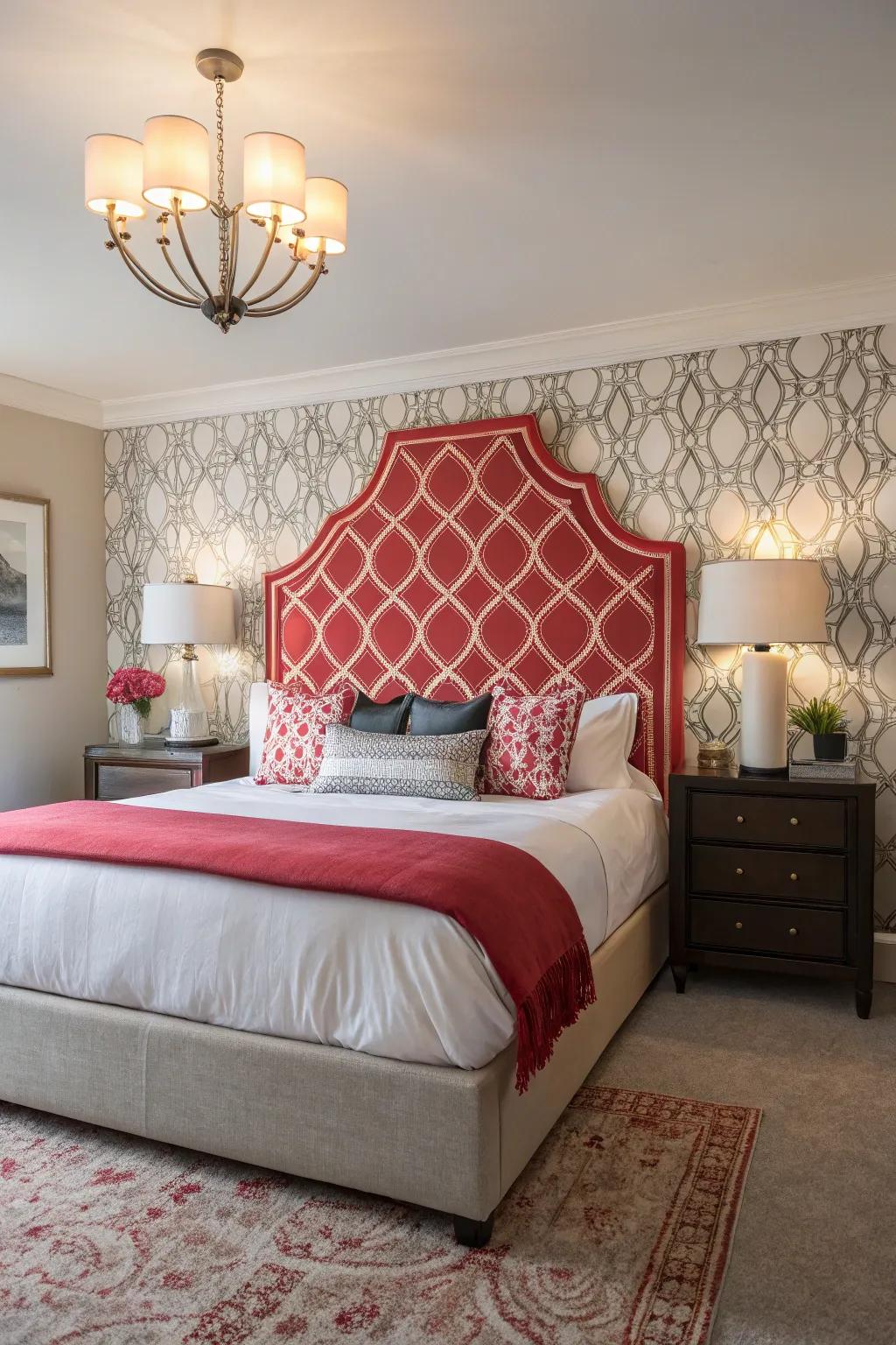 A striking headboard elevates the room's design.