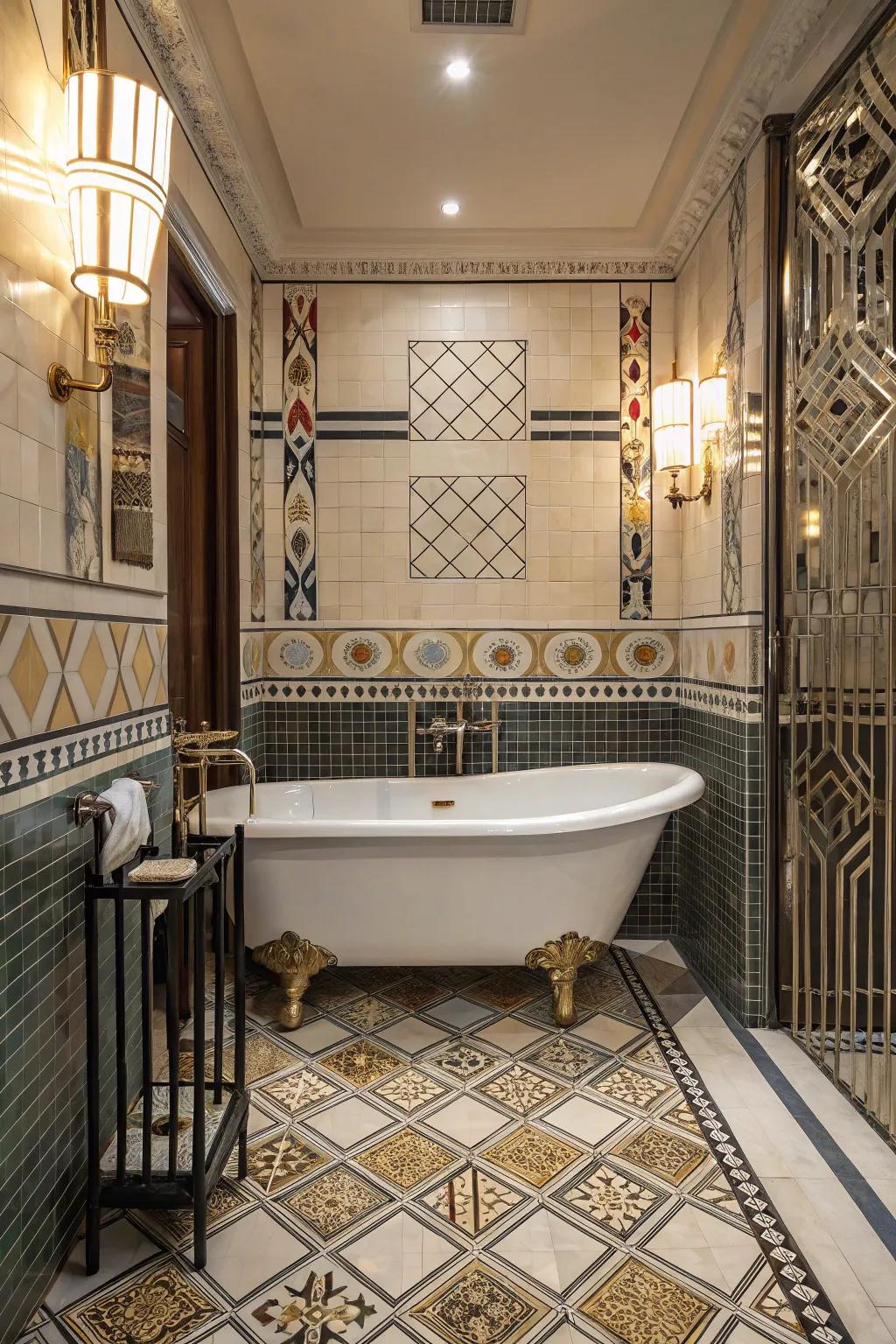A lavatory that embodies the lavishness and design of the Art Deco period.