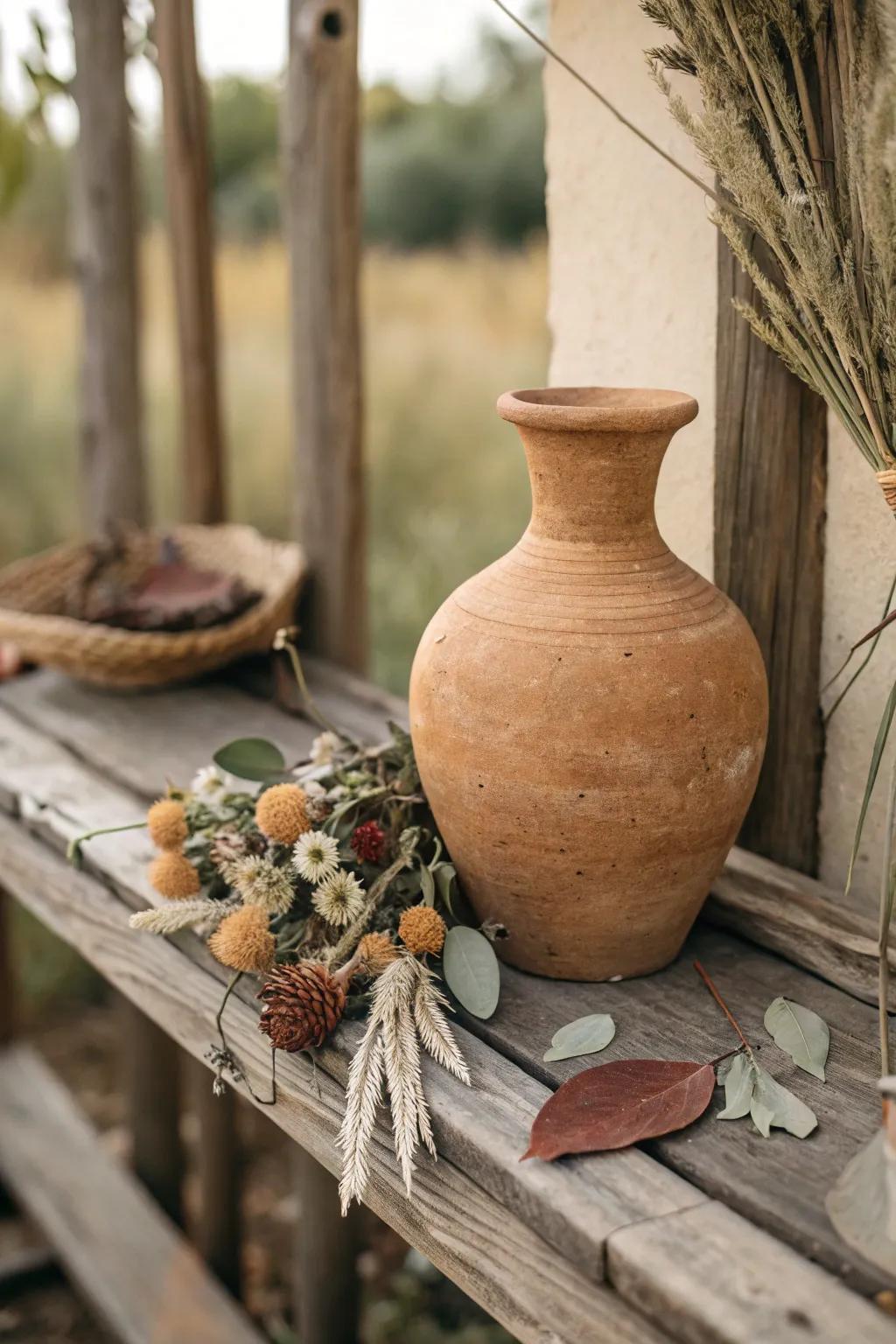 An earthenware flower holder in terracotta adding inherent warmth to a cozy setting.