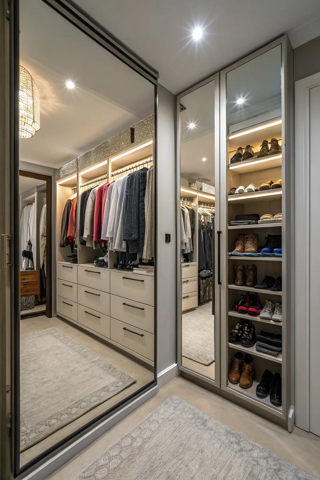 Mirrors maximize light and space in your doorless closet.