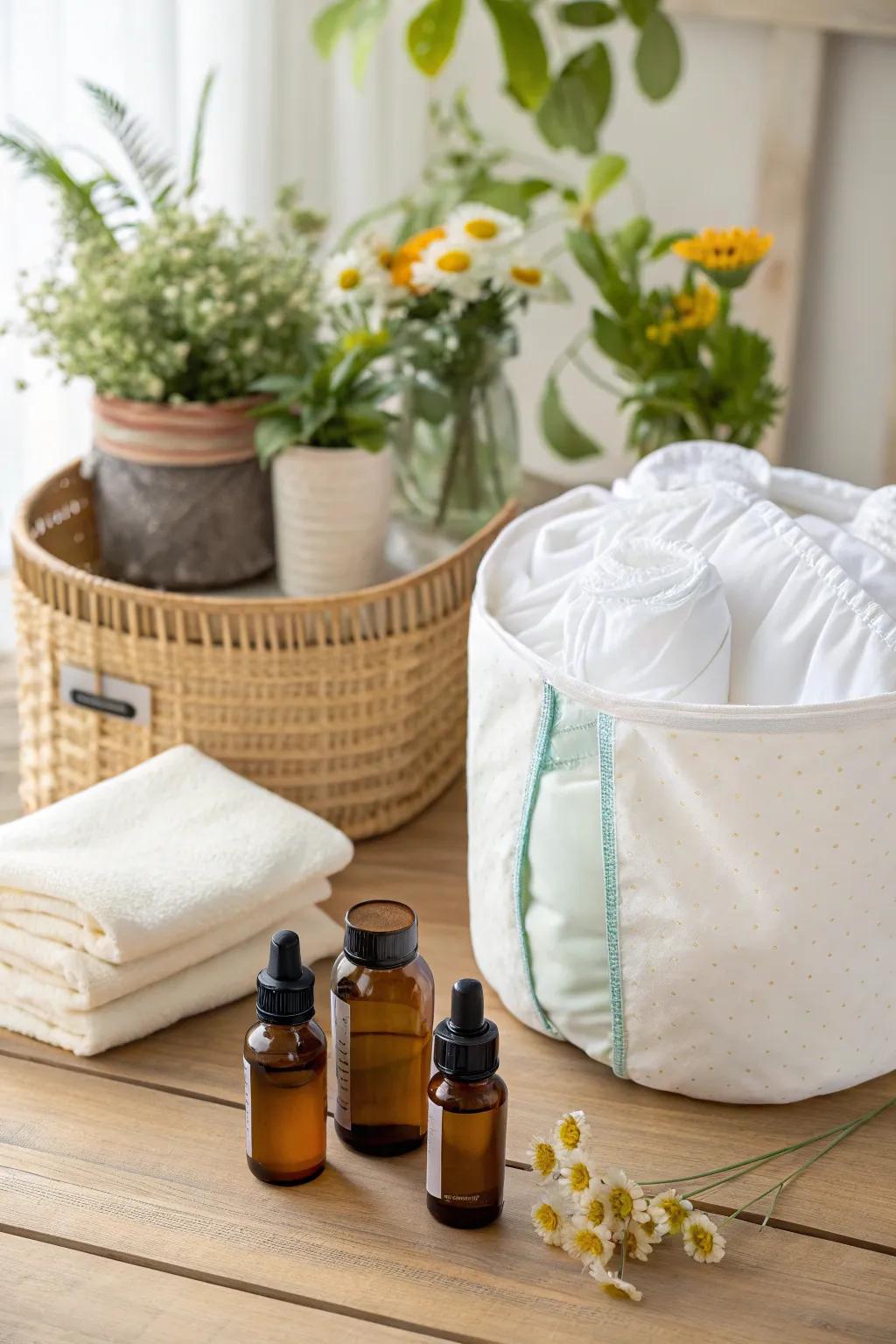 Essential oils provide a natural way to maintain freshness in your cloth wrap container.