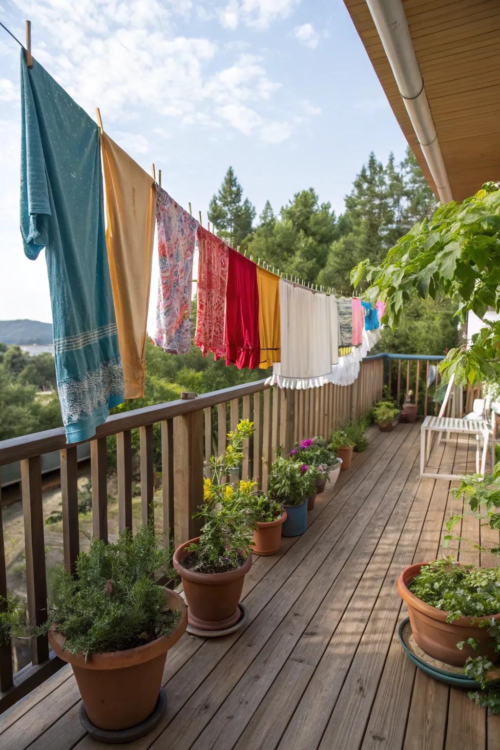 An elevated deck with a practical clothesline solution.
