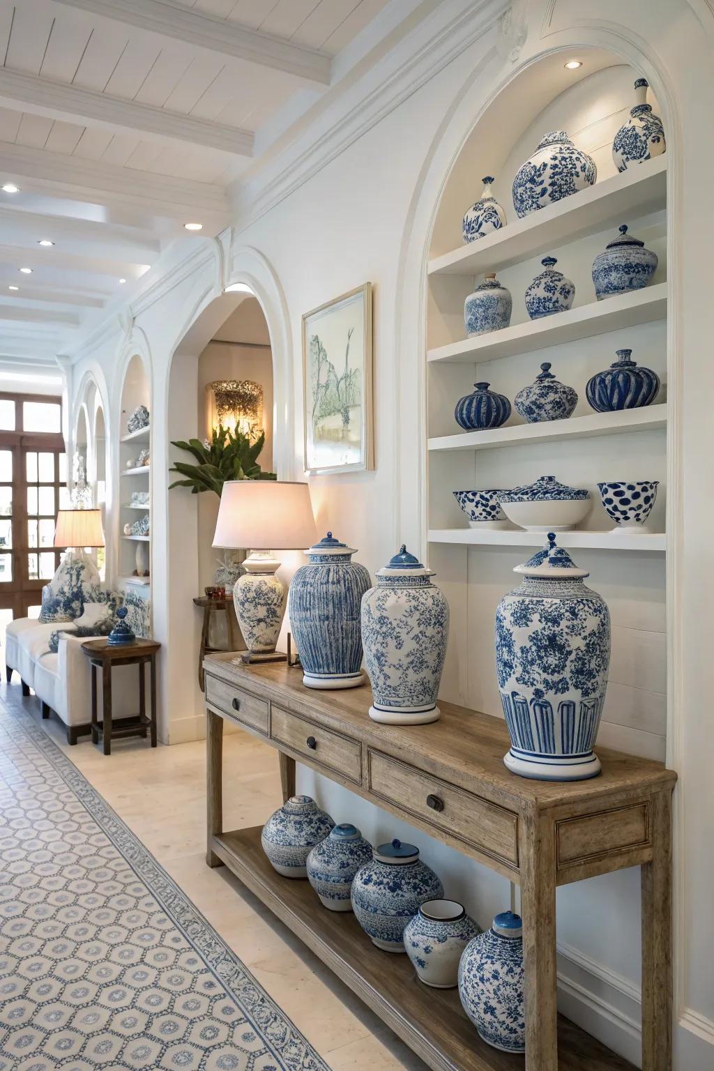 Chinoiserie elements bring sophistication to coastal decor.
