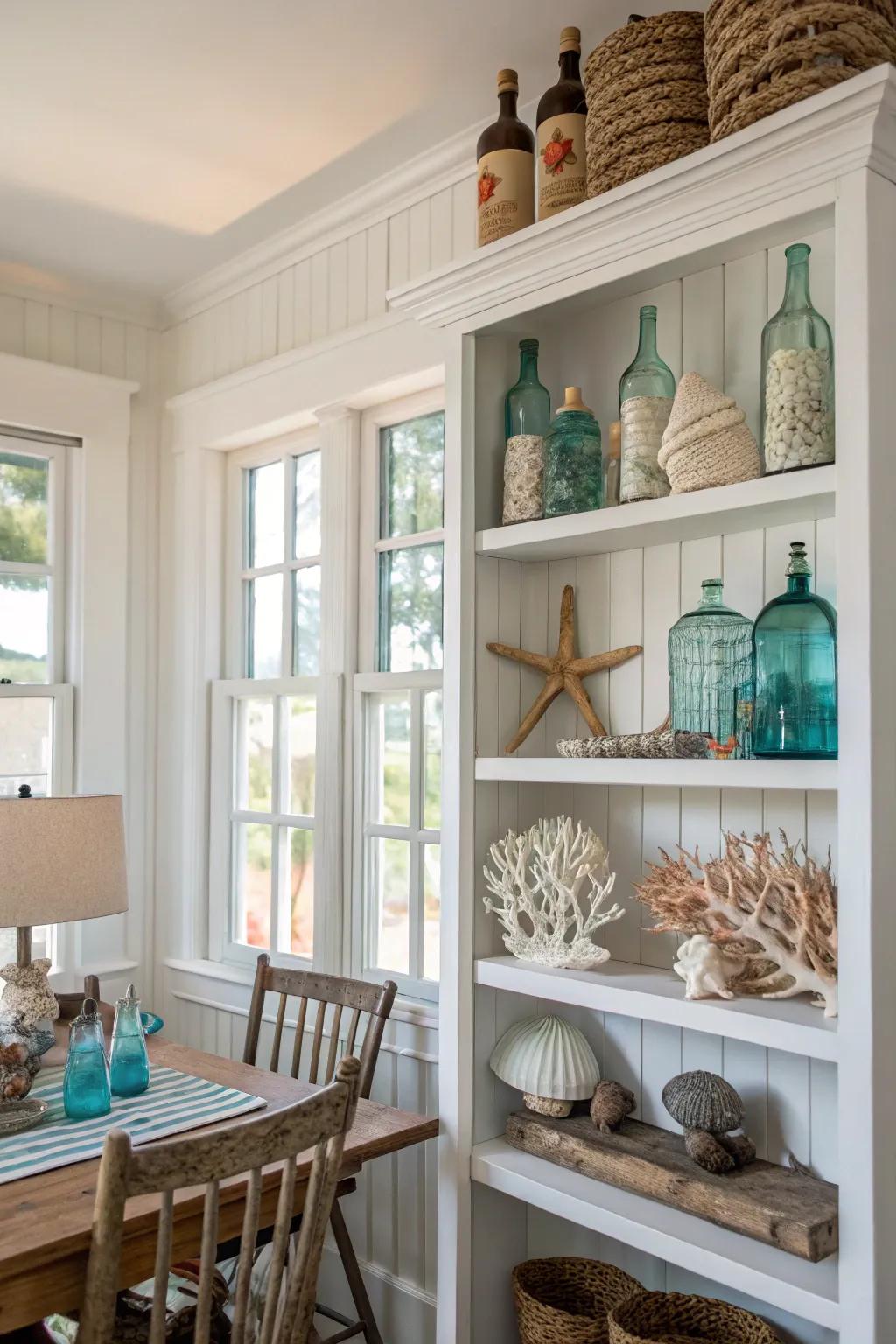 Open shelving showcases coastal treasures beautifully.