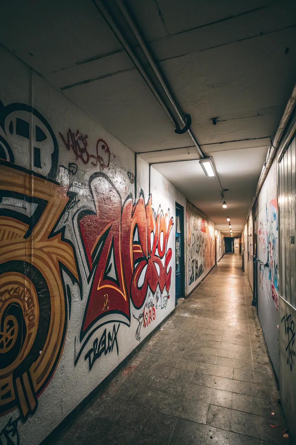 A hallway wall displaying graffiti with shiny and glimmering accents.