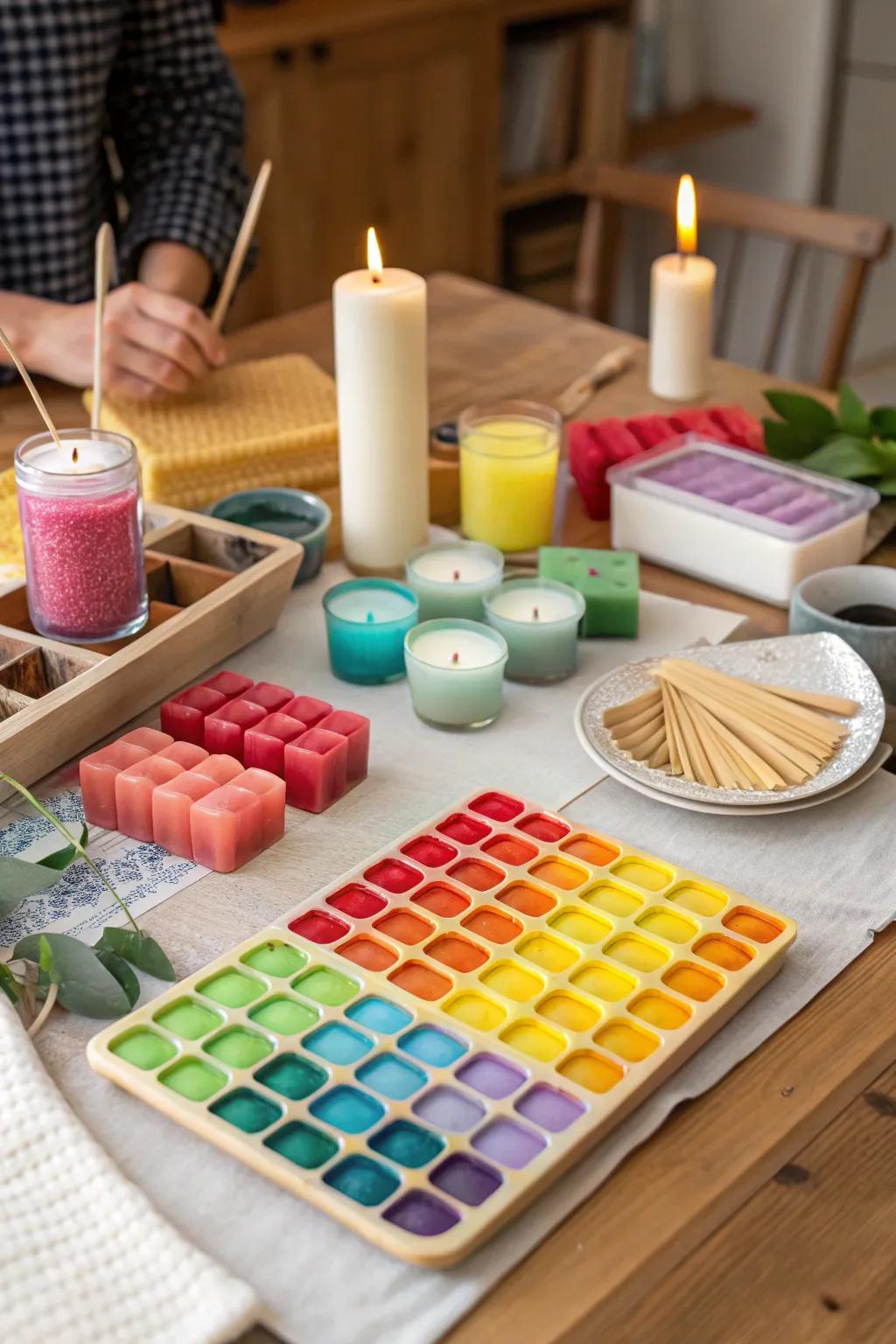 A candle making station with various color options.