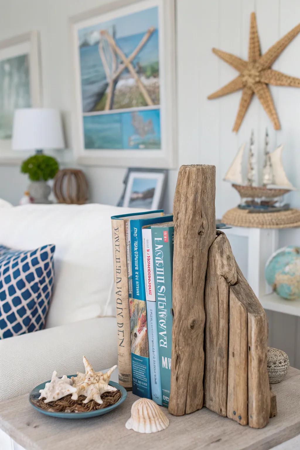 Driftwood bookends for a coastal, eco-chic aesthetic