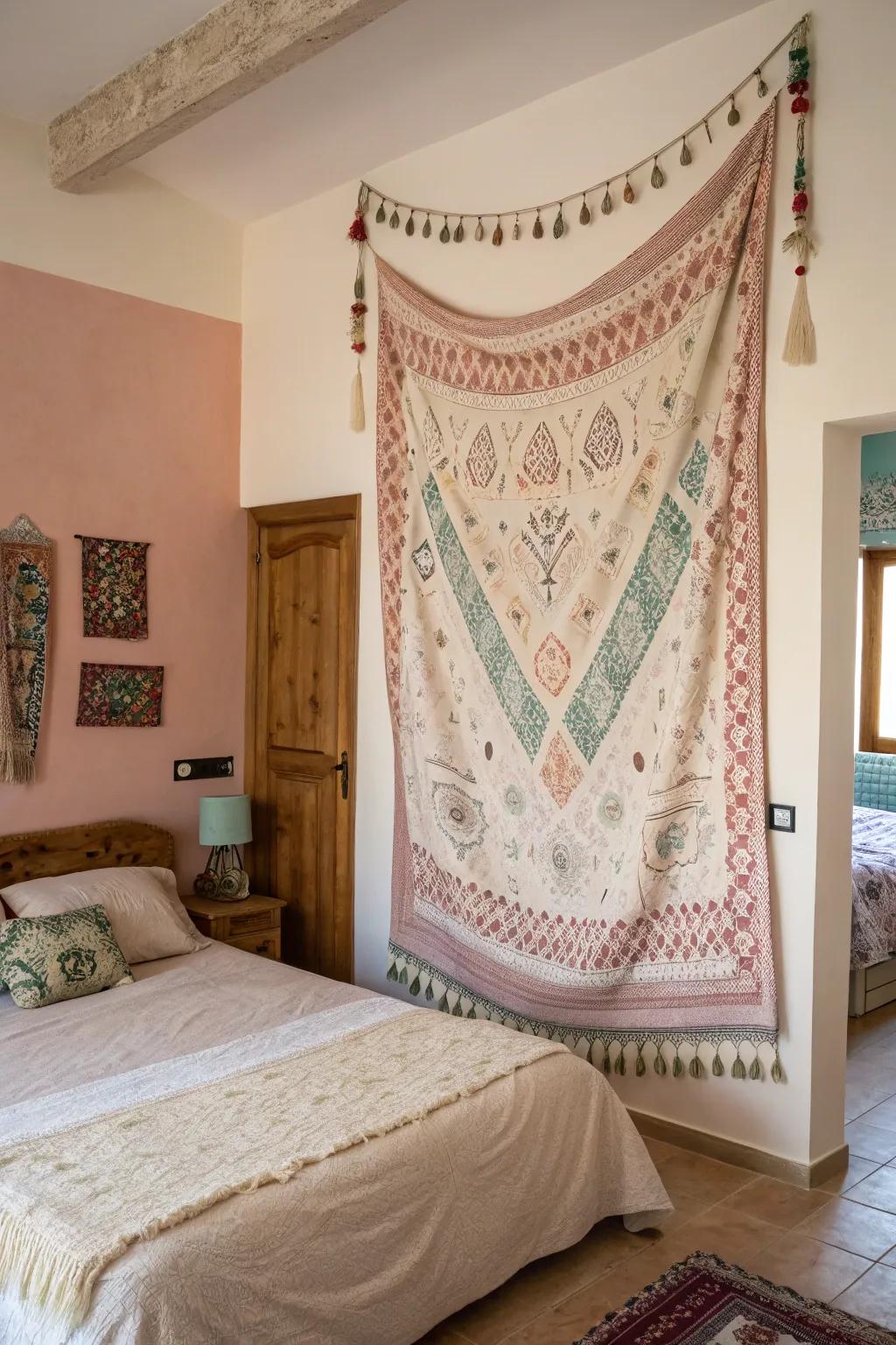 Textile hangings add a cozy touch.