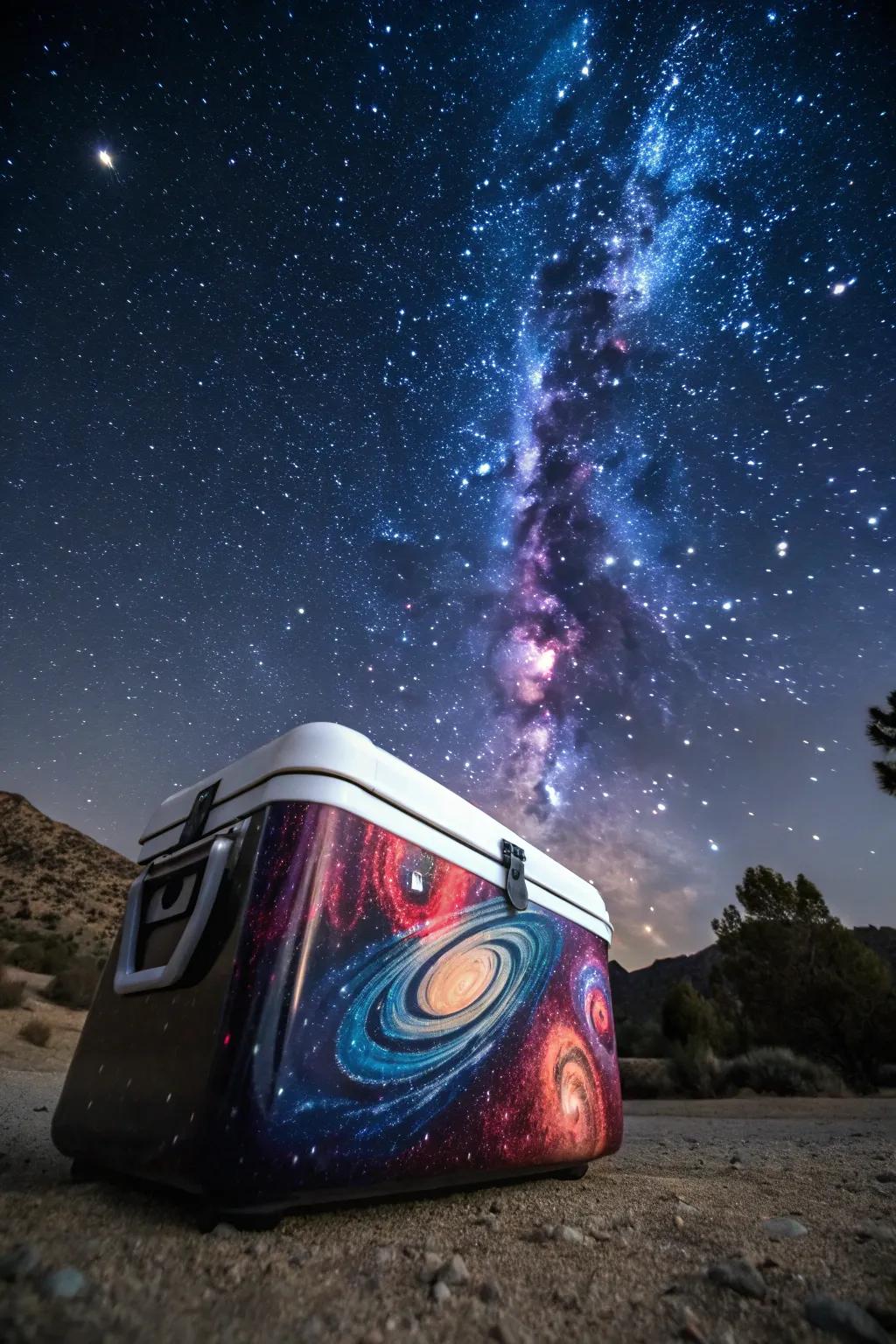 A cooler with galaxy stickers for a cosmic touch.