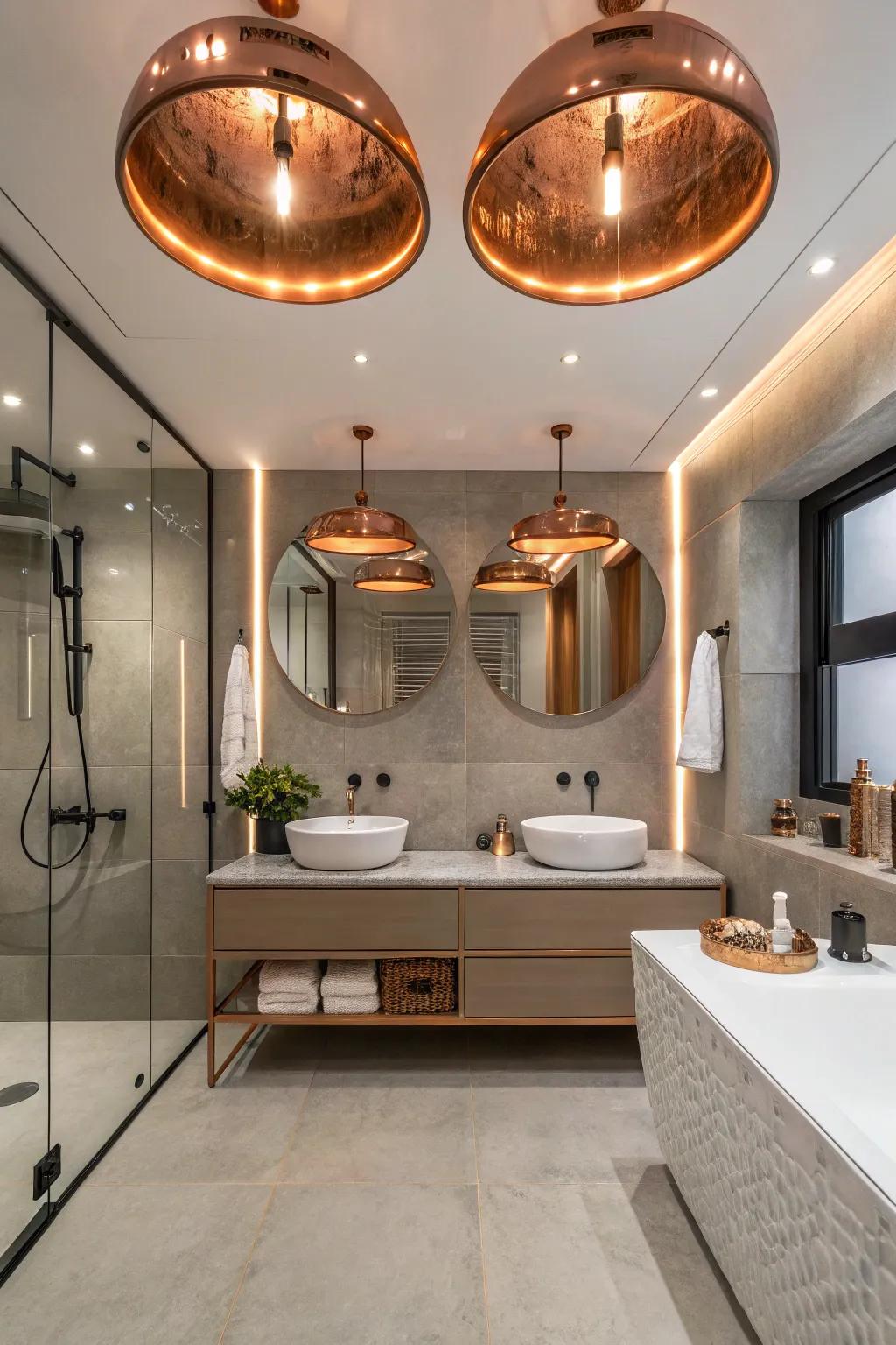 An unexpected and stylish element is added by copper ceiling fixtures.