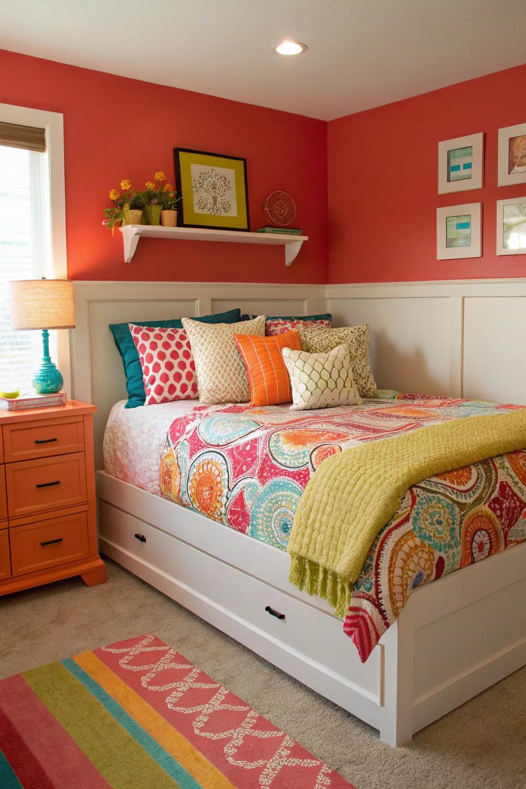 A burst of color enlivens a corner bed setting.