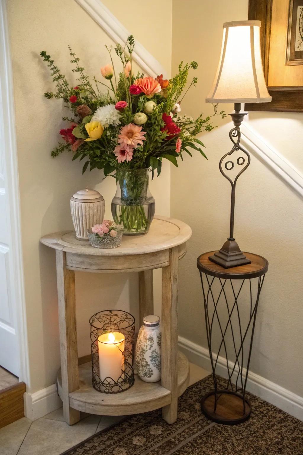 Incorporate elegance through a versatile accent table positioned within your corner.