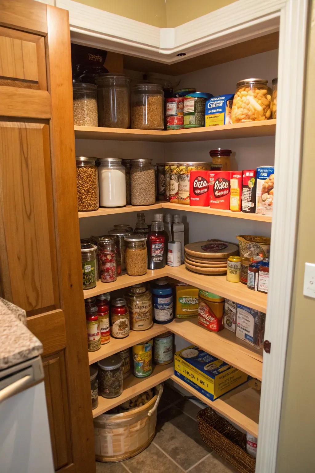 A corner pantry showcasing a revolving tray for effortless convenience.