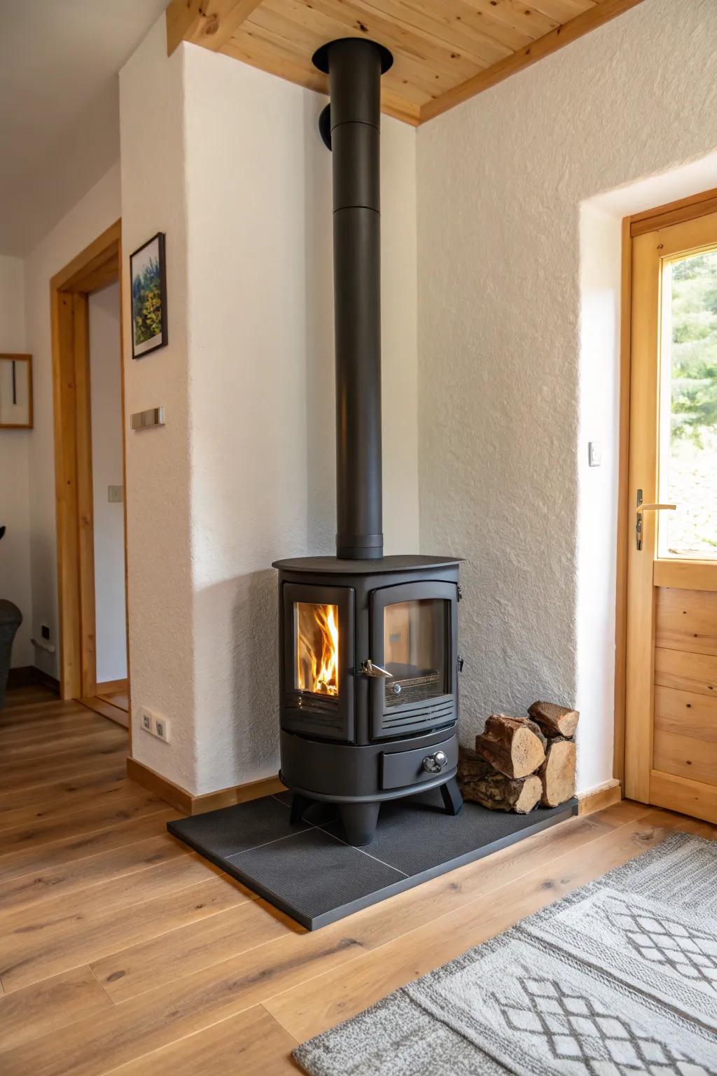 A minimalist aesthetic establishes a tidy, serene hearth setting.