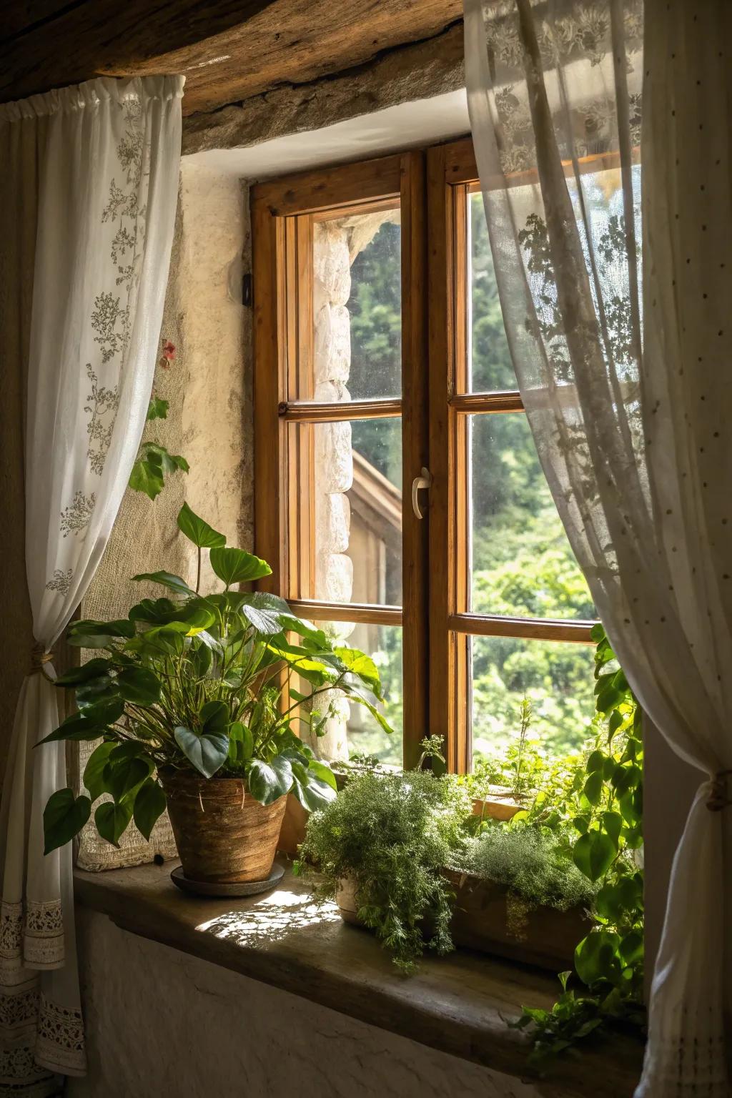 Indoor plants near windows enhance the natural cottage aesthetic.