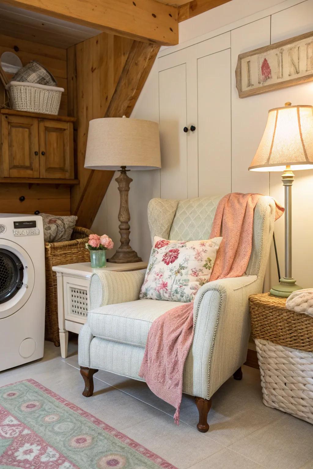 A seating spot incorporates comfort and coziness to your laundry room.