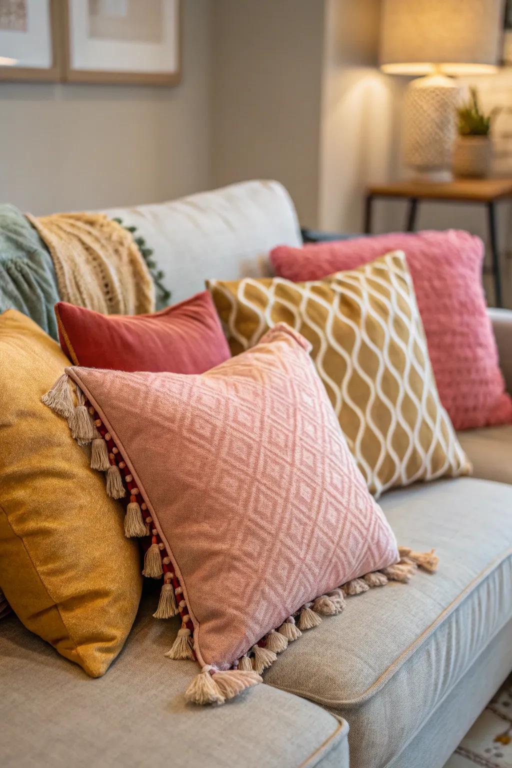 A cozy nook invites relaxation with layered cushions.