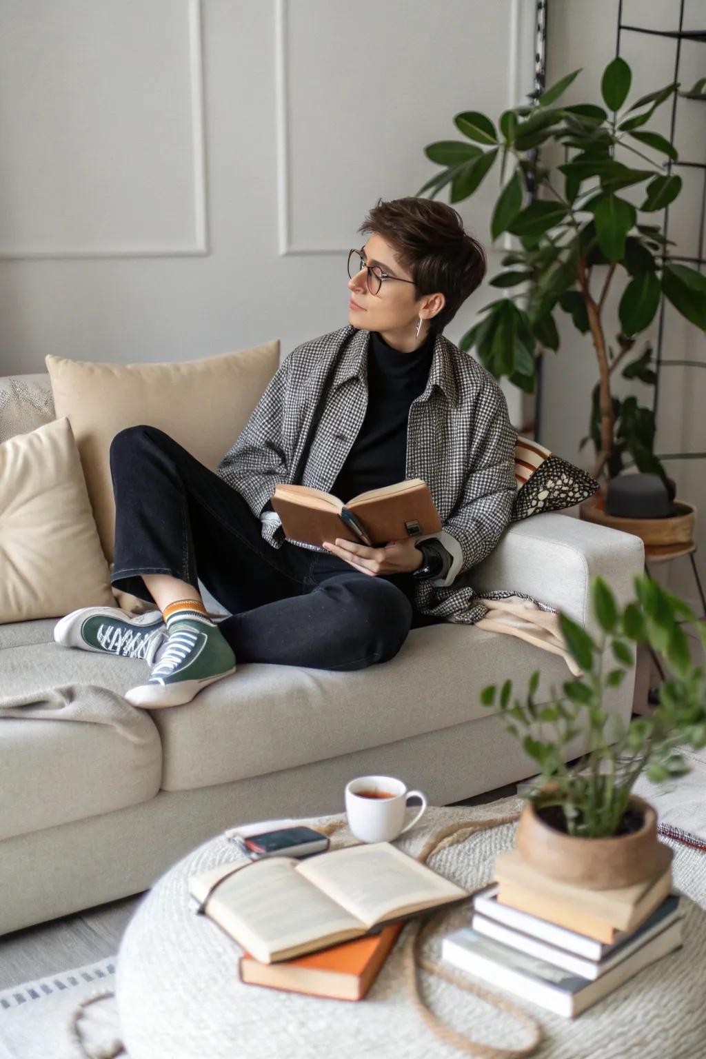 Cross-legged relaxation highlighting personal style and comfort.