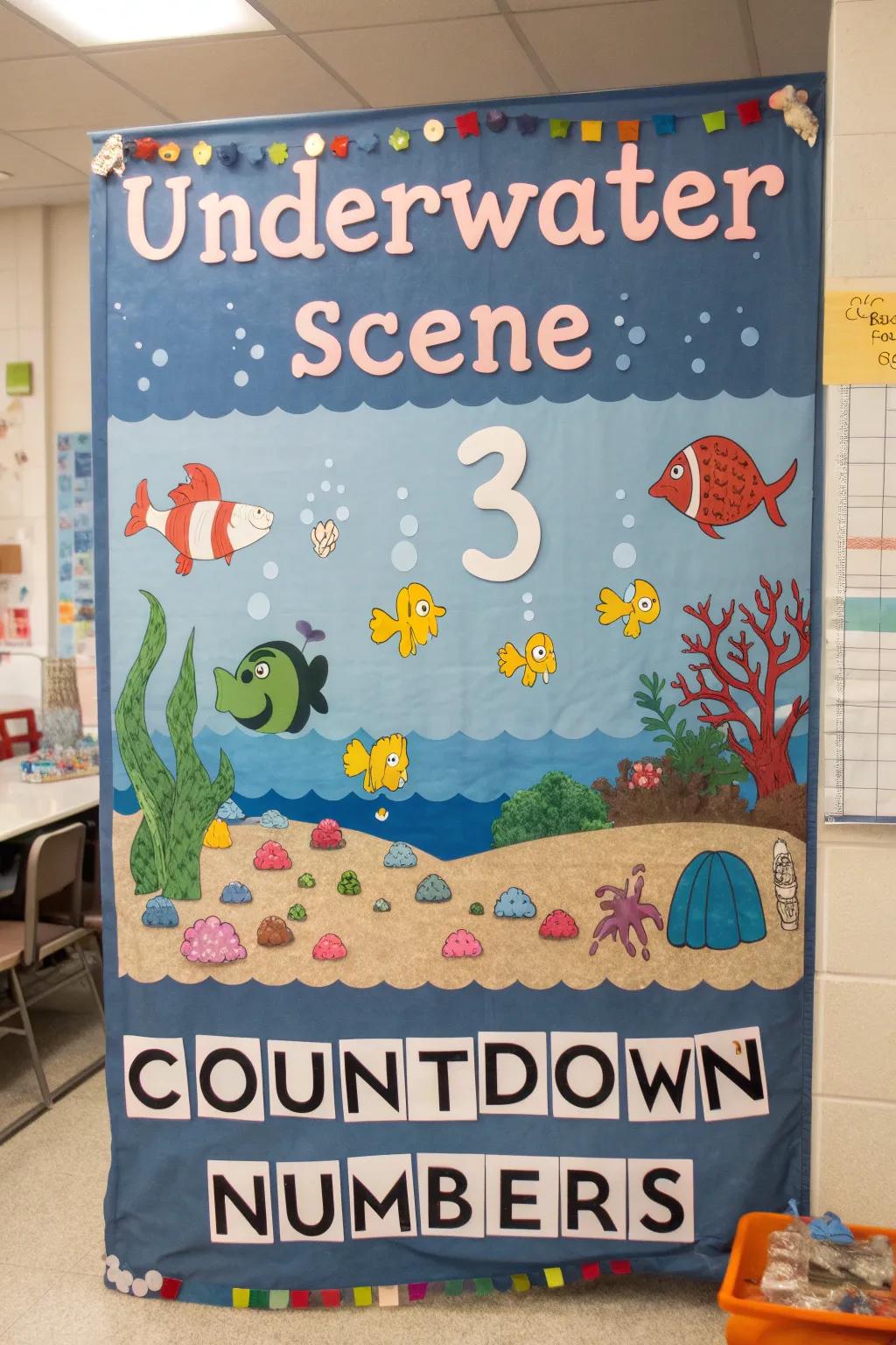 An beneath the waters countdown conveying marine adventures to schooling.