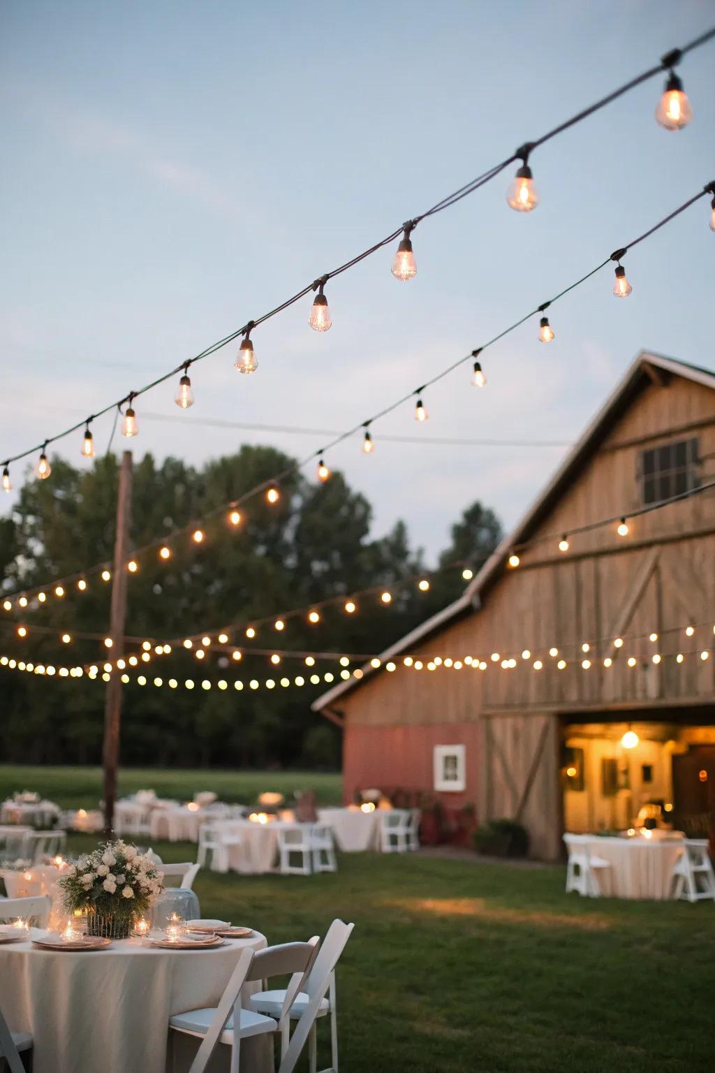 Twinkle lights fashion a magical vibe at a rural nuptial.