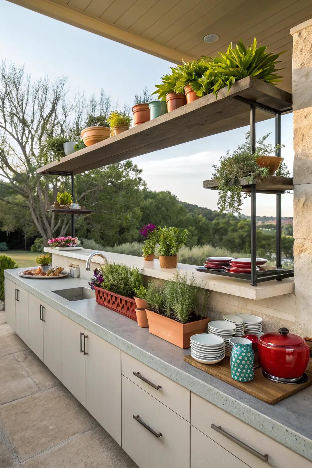 Floating shelves provide stylish storage in your outdoor kitchen.