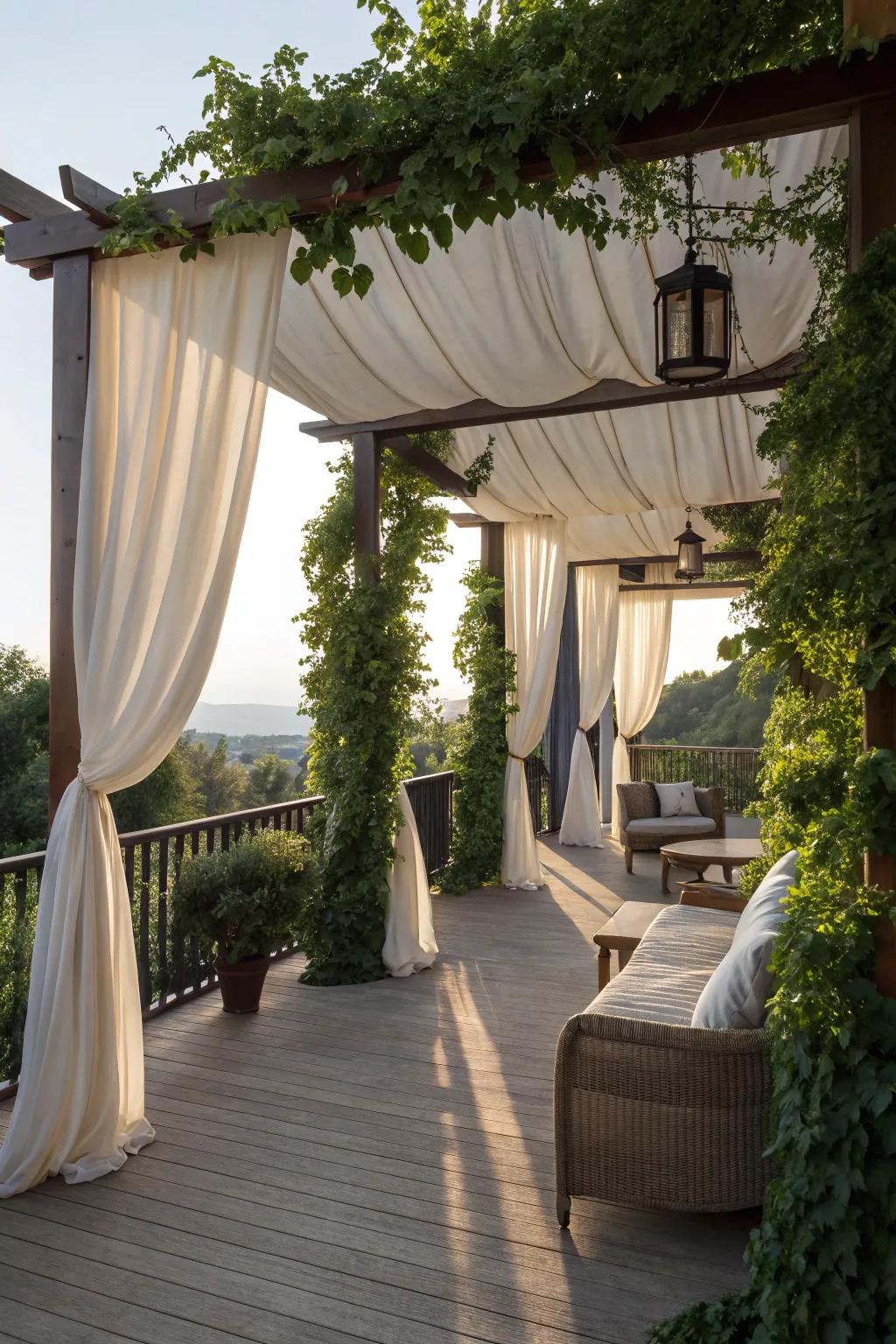 A romantic fabric-draped pergola deck for tranquil moments.