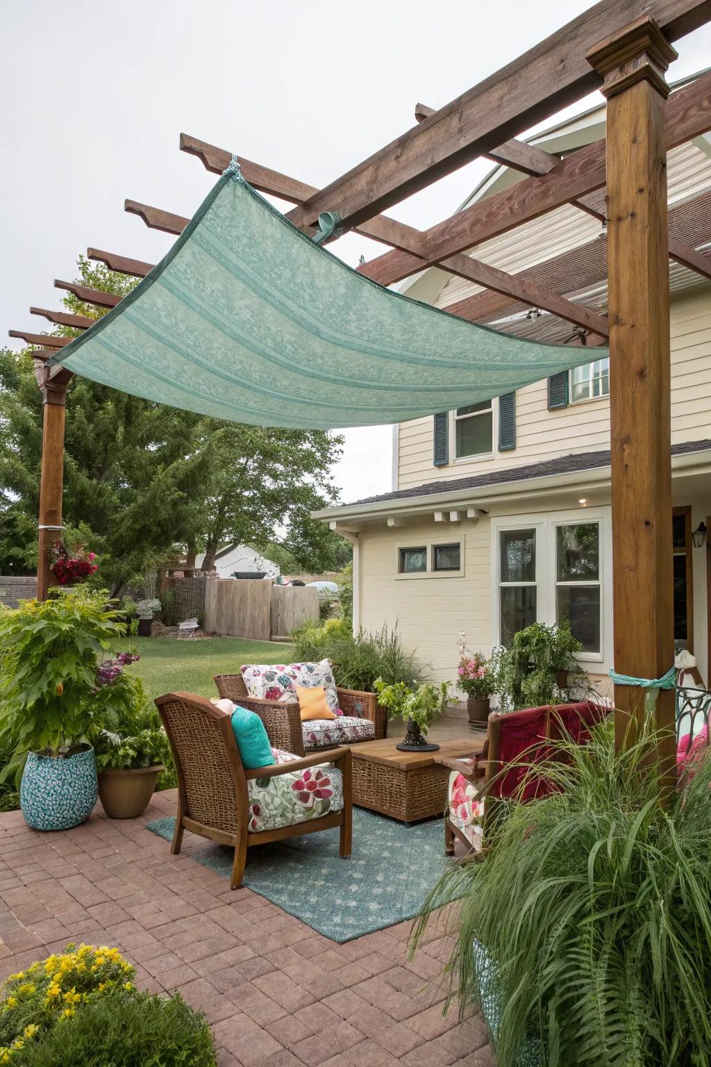 A custom-made material shade adds color and sun protection to your structure.
