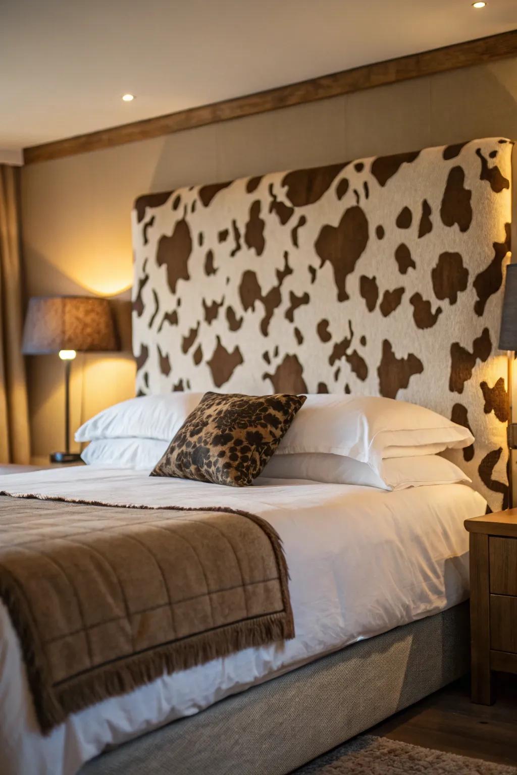 A spotted bovine headboard works as a magnificent space center piece.