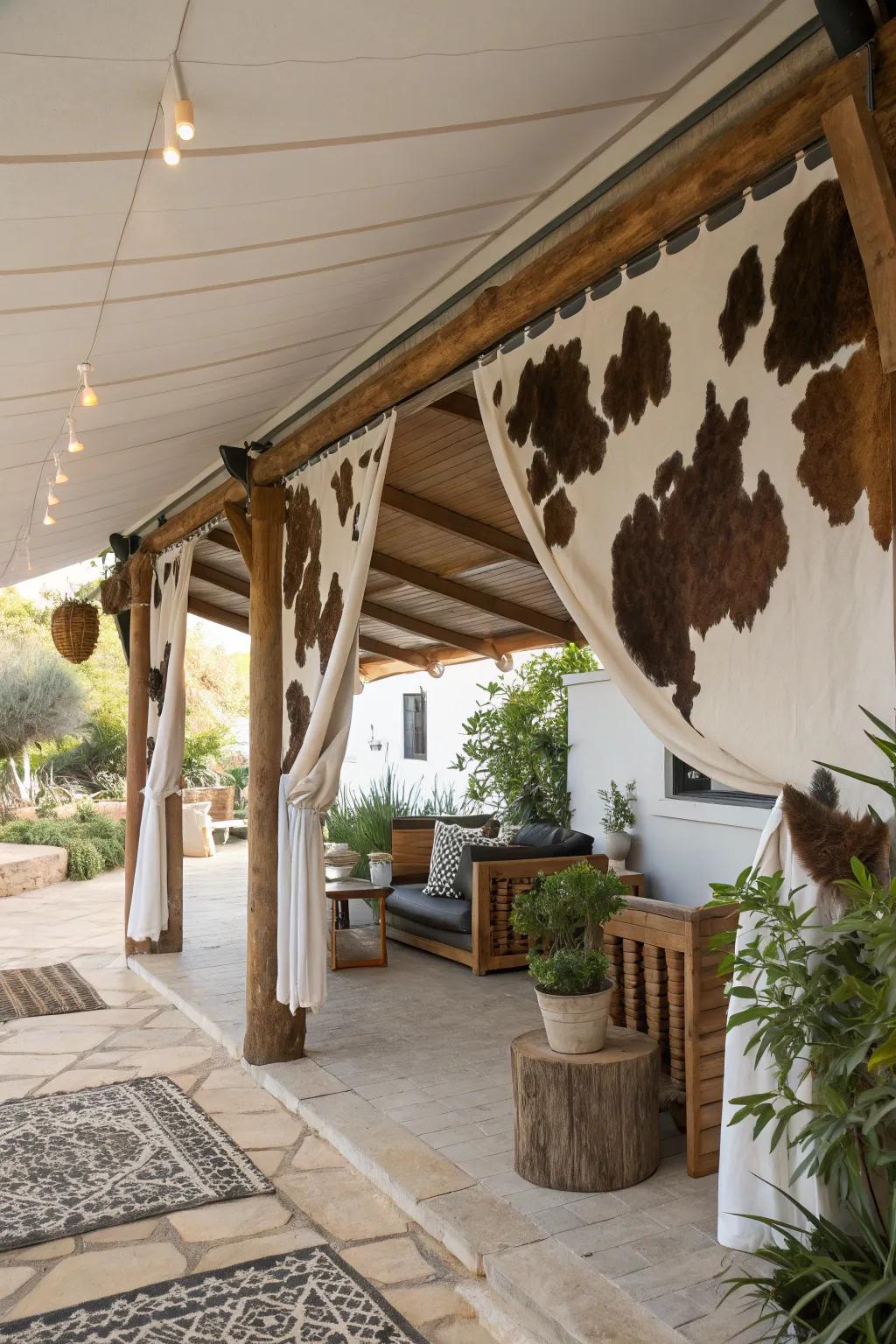 A covered outdoor space featuring rustic cowhide decor.