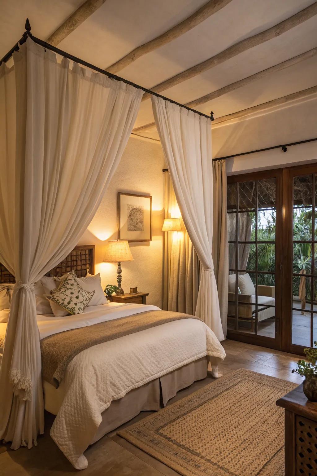 A bedroom adorned with ethereal flaxen window treatments, creating a soft and inviting ambiance.